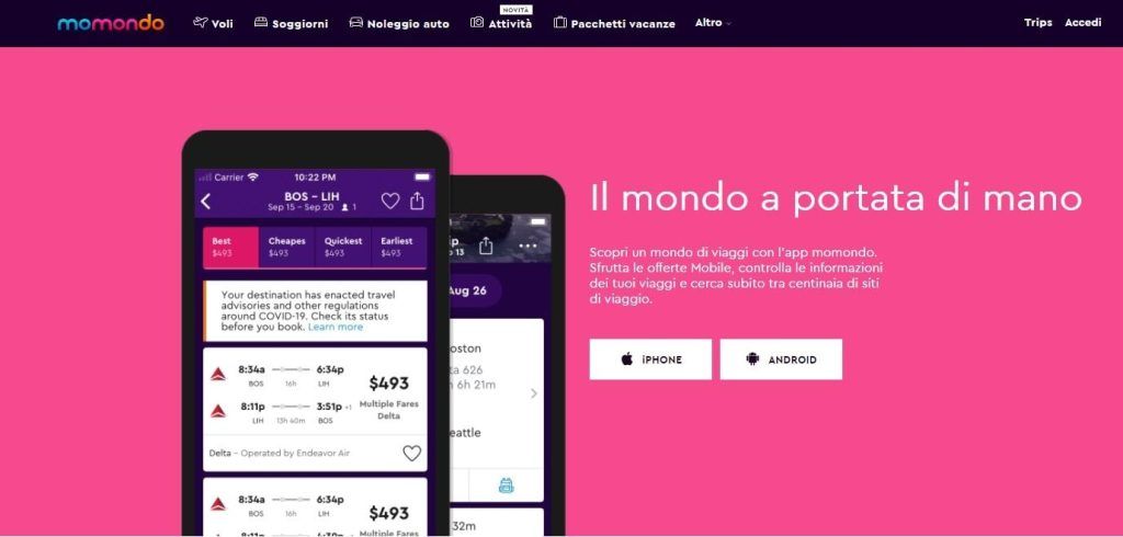 momondo app per prenotare un volo
