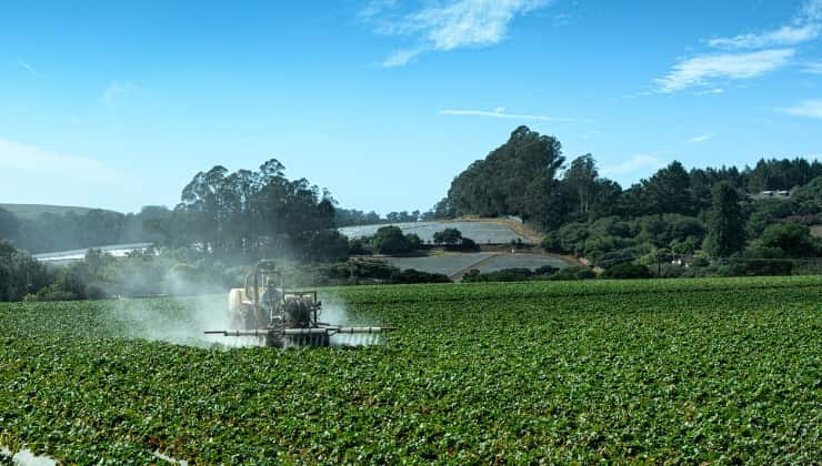 Agricoltore spruzza pesticidi
