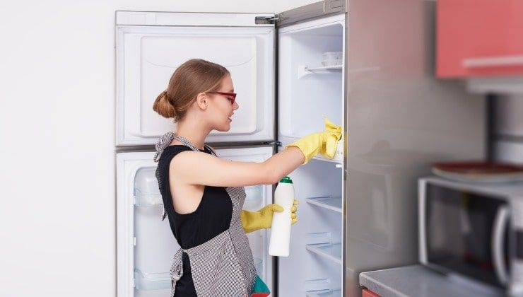 Donna che pulisce il frigorifero
