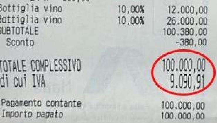 Lo scontrino per un totale di 100 mila euro 