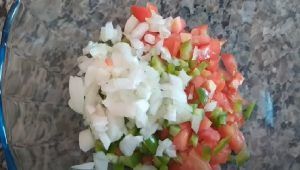 Pomodoro, peperone, cipolla e coriandolo a pezzetti